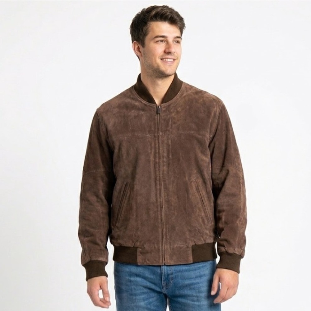 Boston Harbour Suede Bomber Jacket Mens L Brown‎ Genuine Leather Zip Aviator